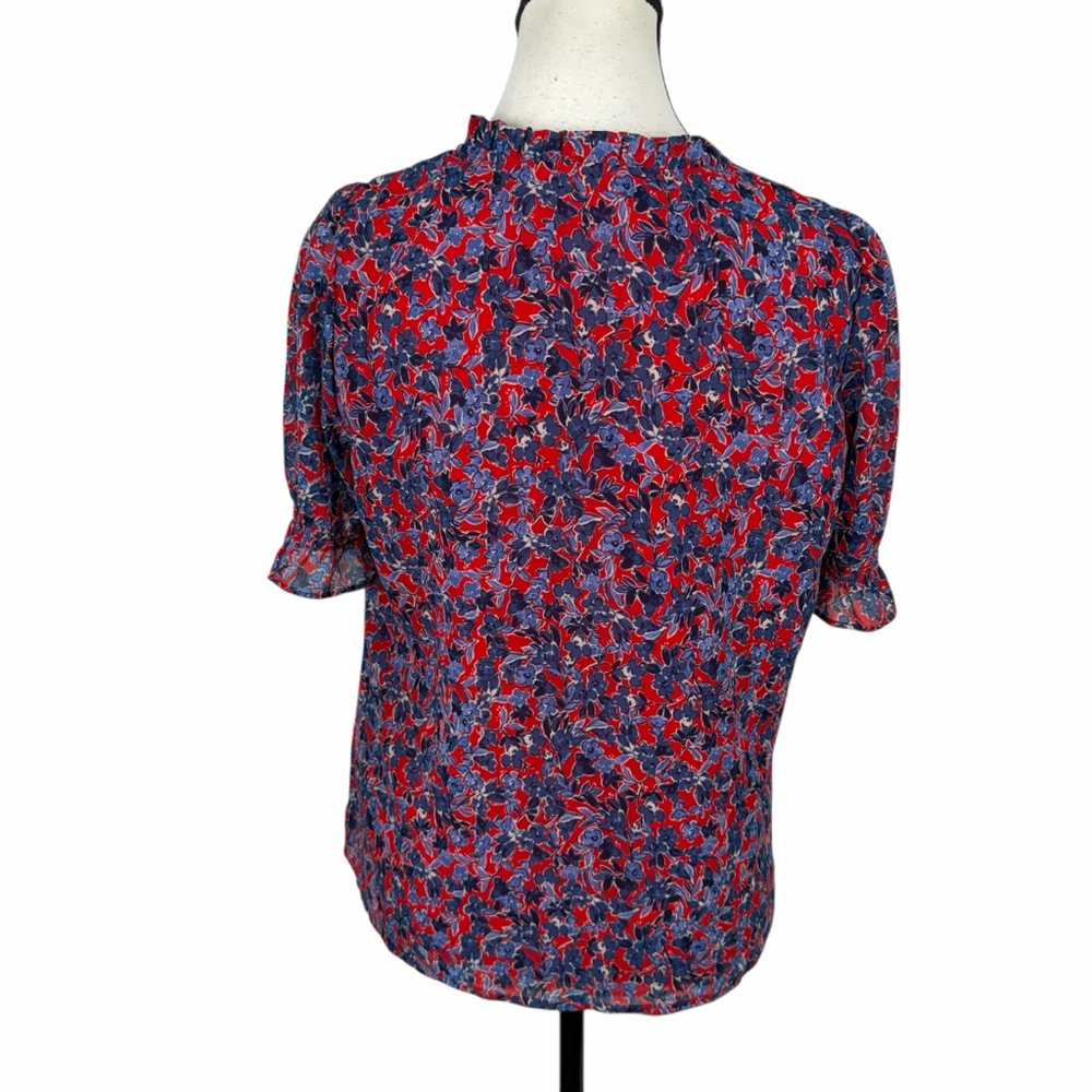 J.Crew Red Blue Floral Top Cottagecore Romantic Boho Soft Academia ShortSleeve S - Picture 5 of 11